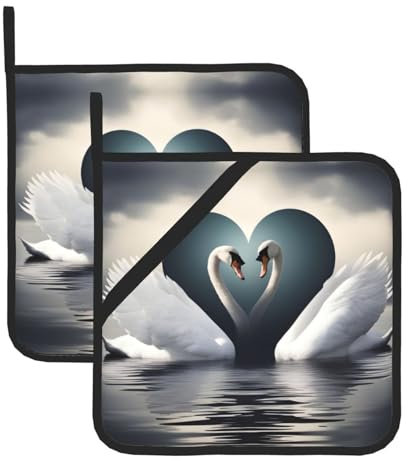 BROLEO Set di 2 presine da 20,3 x 20,3 cm, resistenti al calore e durevoli, accessori da cucina in tessuto impermeabile con stampe a forma di cuore di cigno