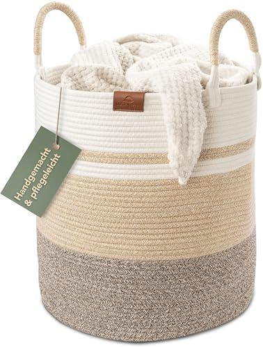 WIESEN.design Korb EMILIA Ø41xH46 cm Hellbraun/Weiß/61L, Wäschekorb geflochten aus Baumwolle, Wäschesammler, Aufbewahrungskorb groß, Korb geflochten, faltbarer Wäschekorb, Wäschetonne, laundry basket