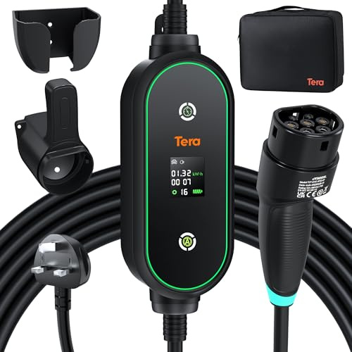 Tera Portable EV Charger Type 2: 3kW IP66 Adjustable 6A/8A/10A/13A UK 3 Pin Plug Electric Car Charger 6M Charging Cable EV Charger for up to 5H Delay Time 2.0'' LCD Screen with Cable Holder & Bag P03