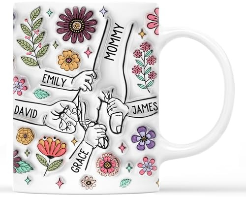 Personal Chic Personalised Mummy and Kids Holding Hands Flowers Mug - Personalised Mothers Day Gifts, Mothers Day Mug, Mothers Day Gifts for Mum, Custom Mum Mug