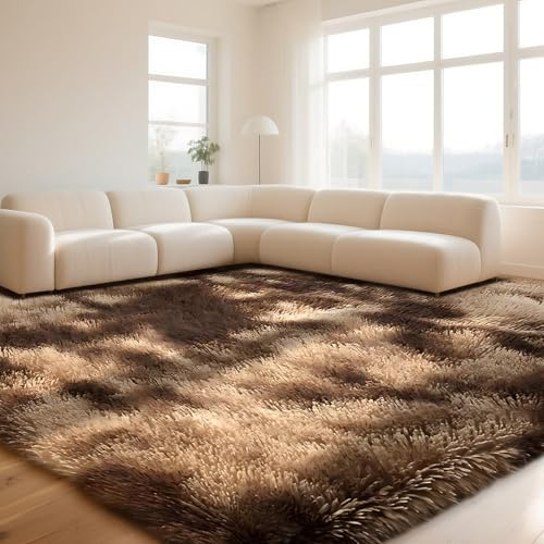 ZRSDIXKI Hochflor Teppich Wohnzimmer 160x230 cm, Batik Braun | Flauschiger Langflor Shaggy Teppich Anti-Rutsch, Weicher Moderner Teppich für Schlafzimmer Kinderzimmer