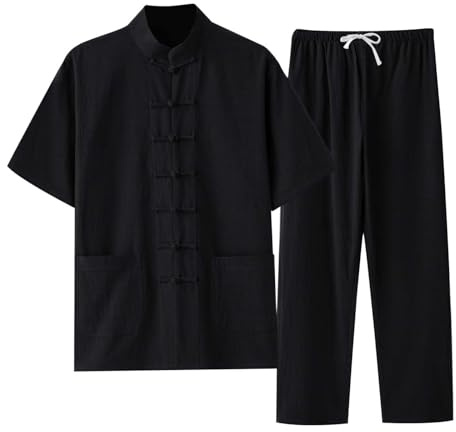 YOSUWOAI Kampfkunst Anzug Herren Kung Fu und Tai Chi Uniform Traditionelle Chinesisch Kostüm für Meditation und Qigong 2 Teiler Langarm Baumwolle Leinen Hemd und Hose Weich Freizeitanzug