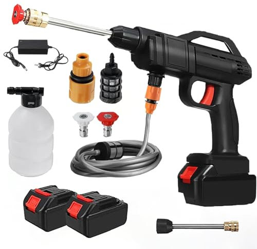 Hidrolimpiadora Bateria, 21V MAX 35Bar Press & Clean Pistola Lavado con 2X 6000mAh Baterías, Limpiador de Alta Presión Portátil para Coche, Terraza, Ventanas, Piscina (con 2 Batería)