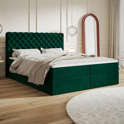 MOTIVENA Nero Chesterfield Boxspringbett 140x200 mit Bettkasten und Topper, Polsterbett 140x200 mit Bettkasten, Taschenfederkern-Matratze (H3), T28 Schaumstoff Topper (H3), Samt, Grün (Dunkelgrün)
