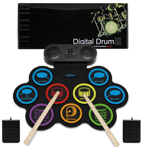 Lychee Electronic Drum Set mit Kopfhöreranschluss, 9 Stereo Roll-up Drum Practice Pad, Built-in Speaker Drum Pedals Sticks Support External Connection, Great Holiday Xmas Birthday Gift