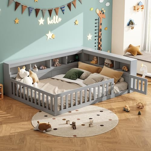 SOFTWEARY Kinderbett mit Lattenrost, Mehrfachsteckdose, Rausfallschutz, Regal und Zaun, Jugengbett, Stauraum, Holzbett, Kiefer (grau, 140x200 cm)
