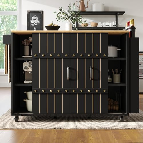NADEUSAK Armadio da cucina, carrello da portata con venature in legno, con ruote e piano di lavoro, portaspezie e porta asciugamani, con ante scorrevoli e cassetti, 90 x 110 cm (nero)