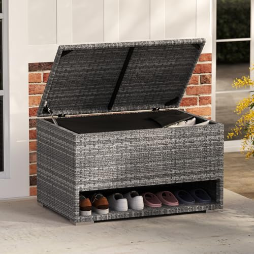 LIFEZEAL Polyrattan Auflagenbox wetterfest, 186L Aufbewahrungsbox mit Schuhregal, Gartenbox Gartentruhe mit Schutzfutter, Rattan Kissentruhe Outdoor, 95 x 60 x 58 cm (Grau)