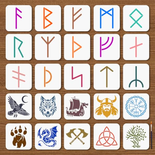 MAYJOYDIY 25 Stück Wikinger Runen Schablonen 15×15cm Keltischer Rand Antikes Schablonen Alphabet Wikinger Symbol Mit Pinsel Zum Basteln Malen Auf Holz Basteln Leinwand Wänden Dekorationen Scrapbooking