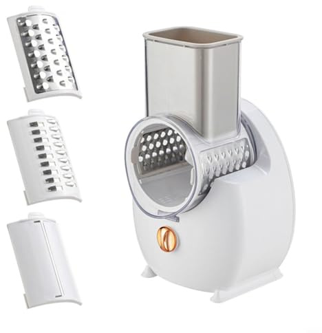 GANCEI Rallador eléctrico de queso, cortador de verduras eléctrico 3 en 1 Picador automático de alimentos de cocina con 3 cuchillas intercambiables (blanco)