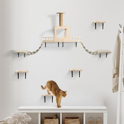 Youyijia 12-teiliges Katzenkletterwand Set aus Holz mit Katzenhaus, Laufsteg & Plattformen, Wandmontage Kletterwand für Katzen, Kratzsäulen & Ruhebereiche – Platzsparendes Aktivitätszentrum für Katzen
