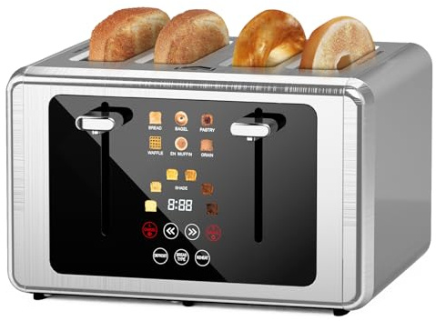 4 Slice Toaster,Touchscreen & Dual Independent Control Panel,5 Basic Functions & Digital Countdown Toasters,6 Shade Settings＆6 Bread Types,Smart Bread Maker Mute/Screen-Off, Stainless Steel