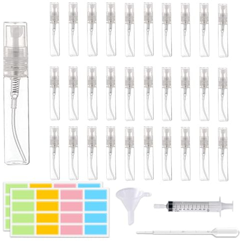 X-YSUNEAS 30 piezas Mini Spray de Neblina Fina, Botella de 5ml Atomizador de Perfume Portátil, Botella de Muestras Recargable, para Viajes, Muestras de Perfume y Llevar Cosméticos Líquidos