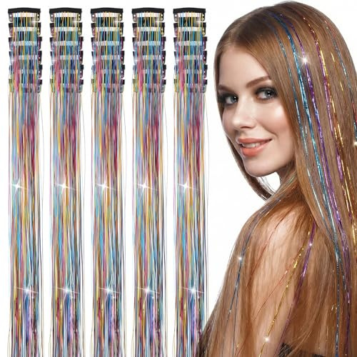 30 extensiones de pelo con purpurina, clip de colores, mechones de pelo con purpurina, añade brillo infinito a tu peinado para mujeres y niñas, accesorios de fiesta, 50 cm