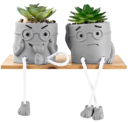 Fakeplant 2 Pcs Artificial Plants with Hanging Legs, Cute Shelf Sitters Fake Succulents in Cement Potted, Funny Plant Pots with Legs for Shelf Decor, Bookshelf, Bathroom and Office Desk Accessories