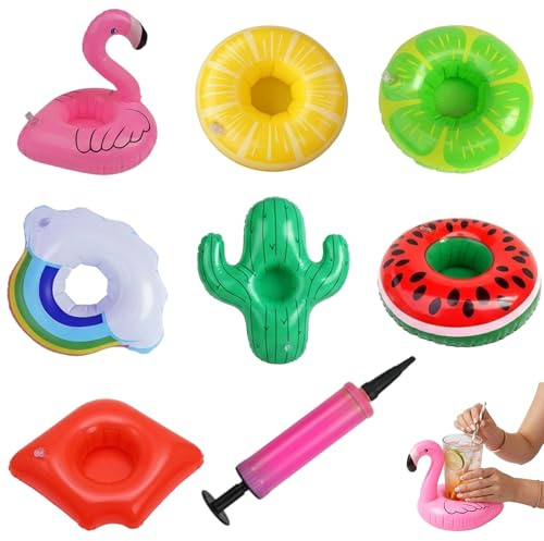 8-Piece Inflatable Drinks Holder, Inflatable Flamingo Pool Accessories, Floating Drink Holders Set for Hot Tub Drinks Holder and Pool Party, Reusable Inflatable Pool Toys with Air Pump