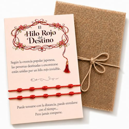 Pack 2 Pulseras Rojas de 7 Nudos – Hilo Rojo del Destino para Parejas – Pulsera Roja de la Suerte contra Mal de Ojo – Amuleto de Protección Ajustable – Regalo Mujer Hombre con Tarjeta y Sobre