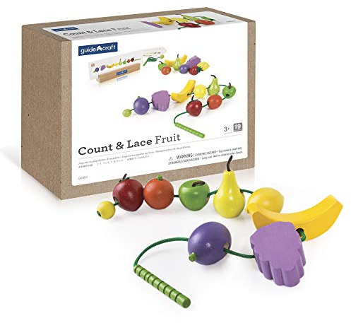 Guidecraft Count and Lace Fruit - Color and Shape Sorting Wooden Multi-Color Fruits Toy Set for Toddlers, Kids Learning & Educational Toys, Magnetic Matching Game