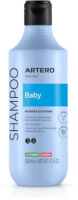 Artero Baby. Schampo för valpar och känslig hud. Håret är rent, mjukt och glänsande från rot till ändar. Formulerat för att respektera slemhinnor och känsliga områden, lätt att späda, talklukt.