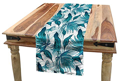 ABAKUHAUS Weinlese-Grün Tischläufer, Tropische Palmblätter, Esszimmer Küche Rechteckiger Dekorativer Tischläufer, 40 x 180 cm, Aqua Blau