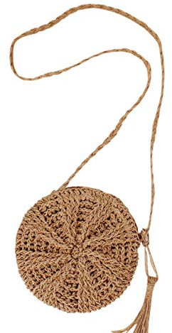 Faletony Sommer Runde Stroh Umhängetasche, Strandtasche Strohtasche Crossbody Strand Tasche für Damen Mädchen Frau, Khaki/Weiß (Khaki)