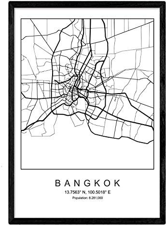 Nacnic Stampa Artistica Cartina geografica della Città di Bangkok, Thailandia. Mappa della Città dell'Arte, Stile Nordico in Bianco e Nero. Stampato su Carta da 250 Grammi di Alta qualità.