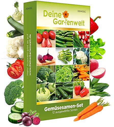Gemüsesamen Set - 12 Sorten Samen Gemüse - Saatgut Gemüse Sortiment - Anzuchtset für Gemüsepflanzen - Geschenkset - Tomaten, Gurken, Radieschen, Zucchini, Paprika, Möhren und mehr von Deine Gartenwelt