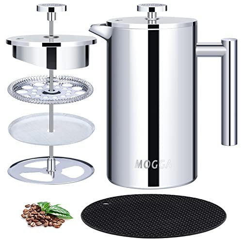 MOGGA Cafetiere 34oz/1000ml Coffee Maker Double Walled Insulated French Press with Silver Color and Large Capacity Stainless Steel Coffee Pot Easy to Use and Clean in Home Office and Camping