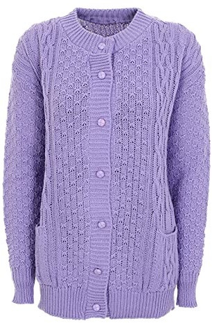 New Womens Ladies Button Up 2 Front Pockets Full Sleeve Round Neck Cable Knitted Cardigan