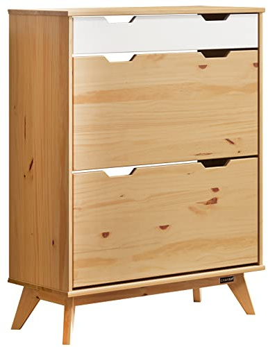 Casaria® Schuhschrank 101x80x33cm FSC®- Zertifiziert Schublade 2 Klappen Kiefer Natur Massiv Holz Flur Diele Möbel Schuhkipper Schuhkommode Weiß