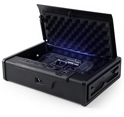 Biometric Gun Safes, Quick Access Gun Lock Box with Fingerprint & Digital Keypad, Handgun Safe with Auto Open Lid, Bedside Firearm Safety Car Safe