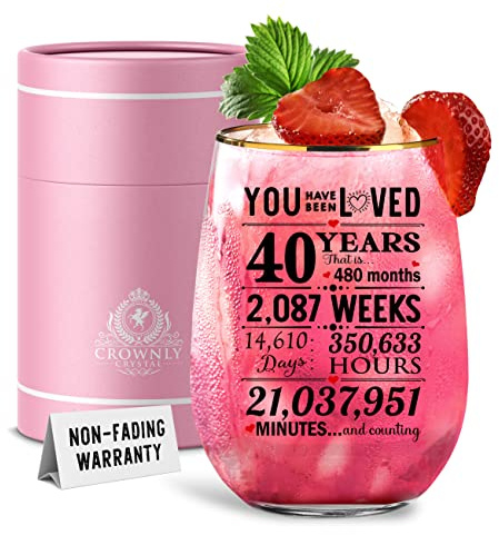 CROWNLY CRYSTAL® 40 cumpleaños para mujeres, vidrio personalizado, regalo de copa de vino 40, 475 ml, Kies