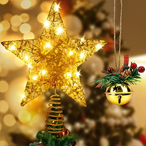 Aoreun Weihnachtsbaum Stern, 30 cm Weihnachtsbaumspitze Stern, 22 LED Lichter christbaumspitze Stern mit Glocke Weihnachtsbaum Stern Spitze led, für Weihnachtsbaum Heimdekoration
