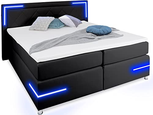 wonello Boxspringbett 180x200 LED Beleuchtung - gemütliches Bett mit LED Beleuchtung - Arizona Doppelbett 180x200 cm mit Matratze und Topper - schwarz Kunstleder