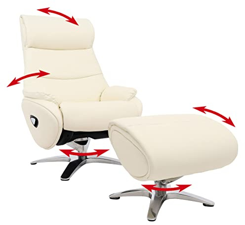 Relaxsessel mit Hocker HWC-K98AM, Fernsehsessel Sessel, Liegefunktion drehbar, Metall Echtleder/Kunstleder - Creme-weiß | Fernsehsessel, Sessel, Liegefunktion, drehbar