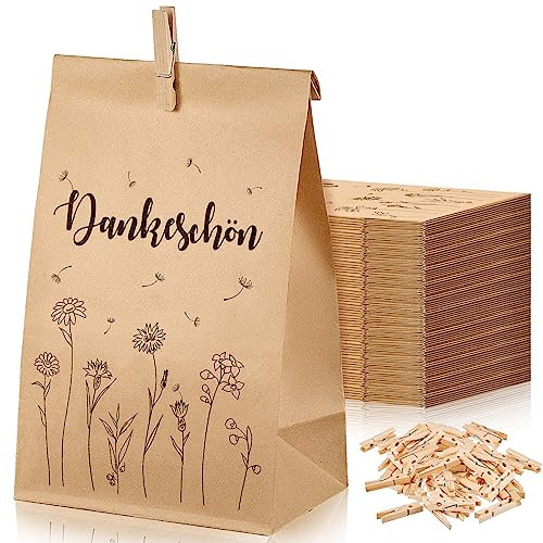 Faccito 36 Geschenktüten Set Kraftpapiertüten 13 x 24 cm Dankeschön Geschenk Klein mit 36 Mini Holzklämmerchen für Hochzeit Geburtstag Taufe Konfirmation Kommunion (Dankeschön)