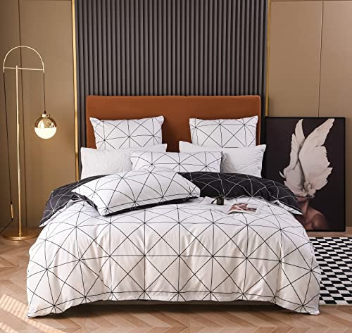 Housse de Couette 140x200 Noir et Blanc Motif à Carreaux Adulte 2 Personnes Parure de Lit Ensembles Literie Modern Géométrique Linge de Lit avec Fermeture éclair et 2x 65x65cm Taies d'oreiller