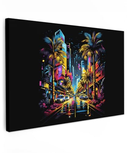 MuchoWow© Leinwandbild Groß 120x80 cm XXL Dekoration Wohnzimmer Bilder Aufhängen Wall Decoration Living Room Wohnungs Deko Moderne Retro - Stadt - Bäume - Licht - Auto
