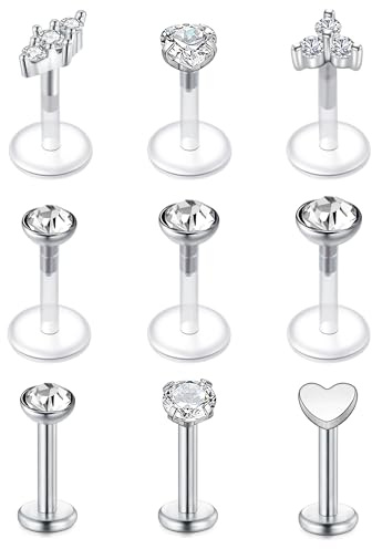 VFUN Push In Ohrstecker, 16G Flat Back Ohrringe, Hypoallergenic Threadless Stud Multi-Pack, Edelstahl-Ohrring-Sets, Push-In Knorpel Helix Tragus Piercing Nase Für Frauen