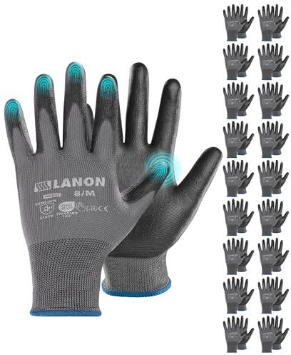 LANON 18 Pairs Safety Work Gloves, Mechanic Working Gloves for Men,Breathable PU Coated, Seamless Knit,Double Wash, Grey, Large