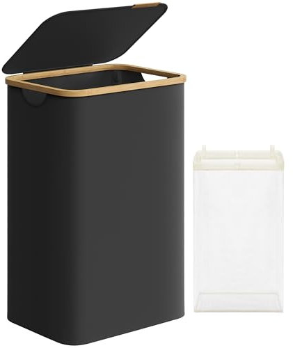 SONGMICS Wäschekorb mit Deckel, Wäschesammler 90 L, herausnehmbarer Wäschesack, Oxford-Gewebe, Griffe aus Bambus, zusammenklappbar, 42 x 32 x 70,5 cm, tintenschwarz LCB509B01