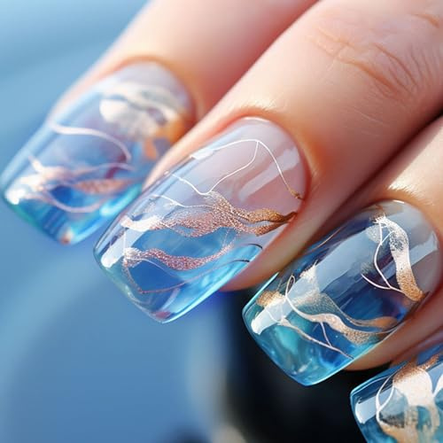 24 Stück Press on Nails Eckig, Mittellang Französische Blau Nägel zum Aufkleben Acryl Falsche Nägel, Square Künstliche Nägel mit Gold Linien Design Fingernägel Fake Nails für Frauen und Mädchen