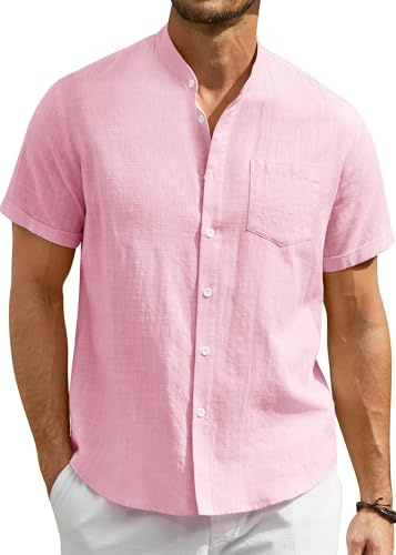 Enlision Hommes Chemises Manche Courte Chemise Lin Homme Solid Henley Shirts Été Col Mao Chemise de Plage Classique S-4XL
