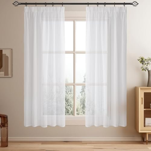 Softalker Vorhänge mit Kräuselband Gardinen Weiss Transparent in Leinen-Optik Voile Vorhang Kurz Durchsichtig Gardine schal 160 cm Hoch für Schlafzimmer Fenster Vorhang 140 cm Breit, 2er Set