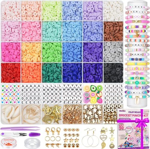 Gionlion 6000 Tonperlen Freundschaftsarmband Making Kit, 24 Farben | Preppy Style Jewellery Making Kit, DIY Craft Gifts for Teen Girls, Heishi Beads Charms Accessories Set Girl Stuff