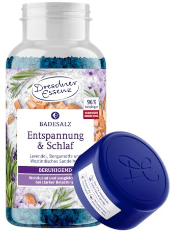 Dresdner Essenz Badesalz Entspannung & Schlaf 600g | wirkt wohltuend und ausgleichend bei starker Belastung | Badekristalle mit ätherischen Ölen aus Lavendel, Bergamotte und Westindischem Sandelholz