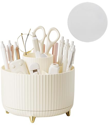 Vilike Desk Organisers, 360-degree Rotating Pen Pot Pencil Holder with 5 Compartments for Desk, Large Capacity Stationery Organisers for Office & School(Beige)