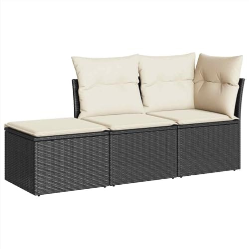 vidaXL Garten Sofa Garnitur 3-TLG., Gartenmöbel Set mit Kissen, Sitzgruppe für Garten Terrasse, Modular Gartensofa Hocker Lounge, Schwarz Poly Rattan