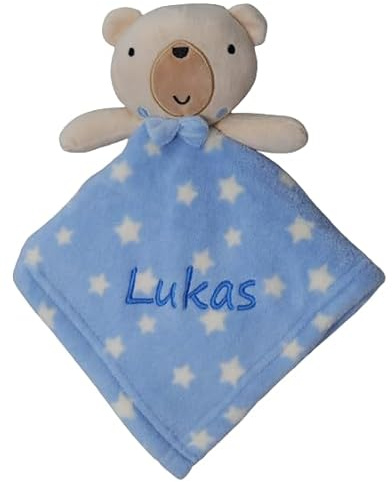 BotoBaby® - Schmusetuch mit Namen und Geburtsdatum - Kuscheltuch - (Blau - Teddybär - Sternen)