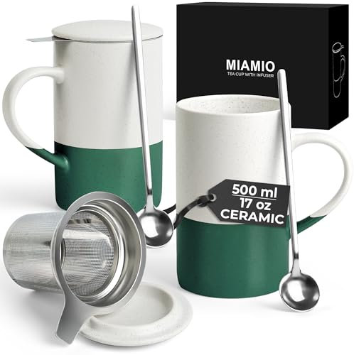 MIAMIO - Set di tazze da tè 2 x 500 ml con infusore e coperchio/Tazza da tè in ceramica con infusore e cucchiaio per la macerazione del tè in foglie, regali per gli amanti del tè (Verde scuro)